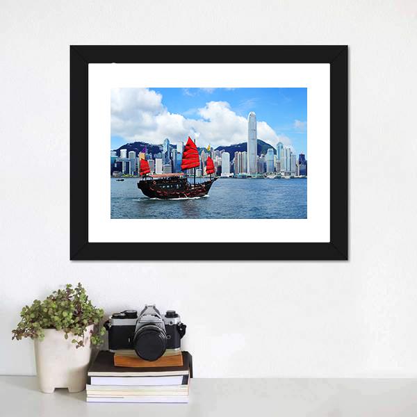 Sailing Boat In Hong Kong Harbour Canvas Wall Art-1 Piece-Framed Print-20" x 16"-Tiaracle
