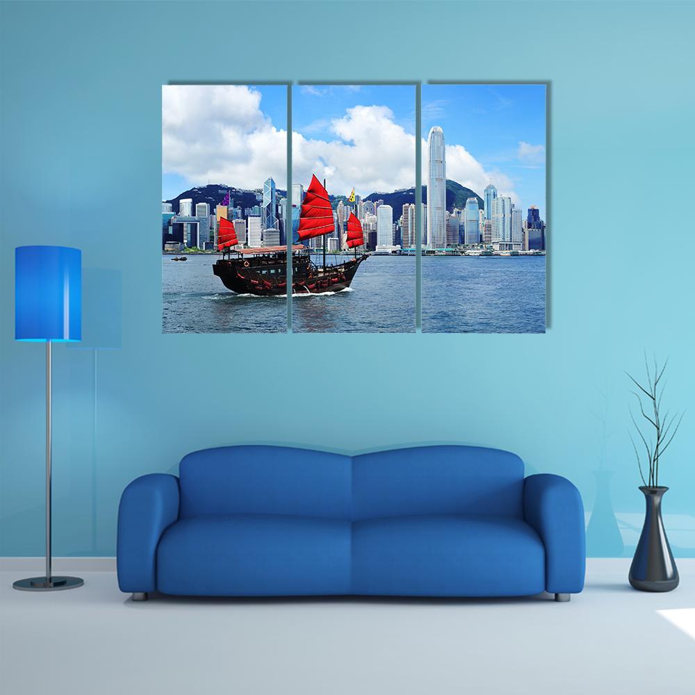 Sailing Boat In Hong Kong Harbour Canvas Wall Art-3 Horizontal-Gallery Wrap-37" x 24"-Tiaracle