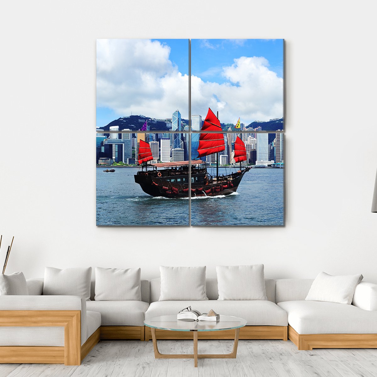 Sailing Boat In Hong Kong Harbour Canvas Wall Art-4 Square-Gallery Wrap-17" x 17"-Tiaracle