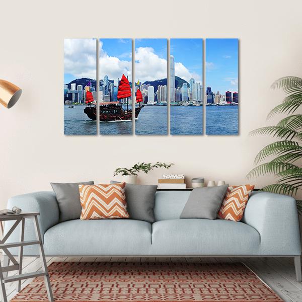 Sailing Boat In Hong Kong Harbour Canvas Wall Art-5 Horizontal-Gallery Wrap-22" x 12"-Tiaracle