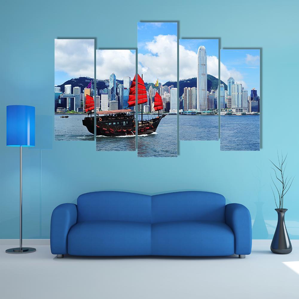 Sailing Boat In Hong Kong Harbour Canvas Wall Art-5 Pop-Gallery Wrap-47" x 32"-Tiaracle