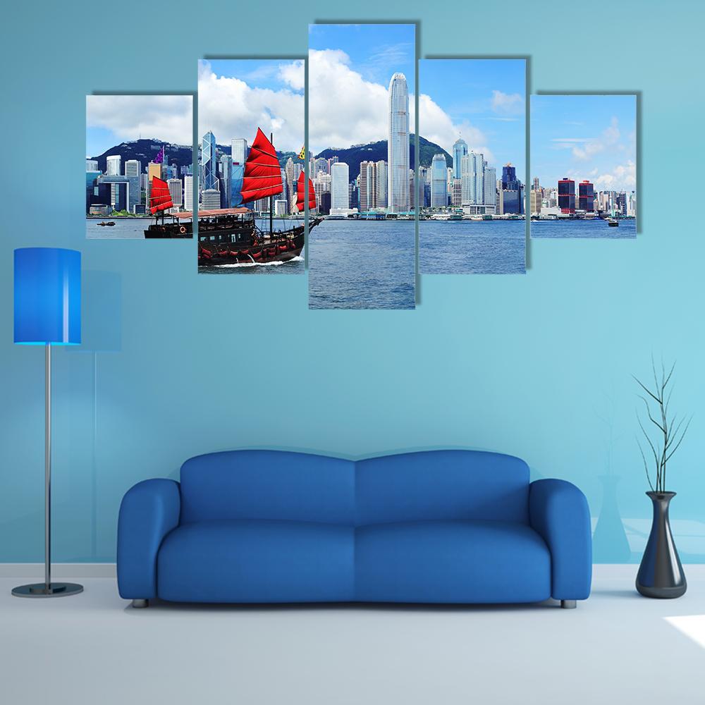 Sailing Boat In Hong Kong Harbour Canvas Wall Art-5 Star-Gallery Wrap-62" x 32"-Tiaracle