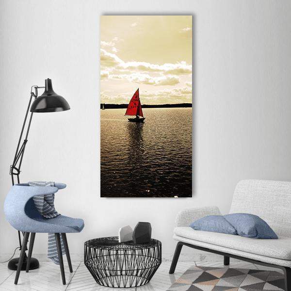 Sailing Boat in Loch Lake Vertical Canvas Wall Art in beige, brown and red, single vertical panel hung on a wall