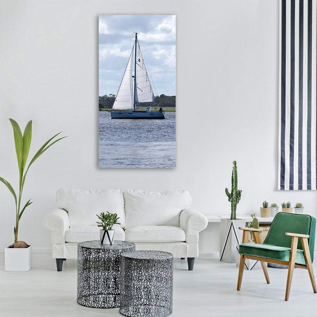 Sailing Boat In River Vertical Canvas Wall Art-3 Vertical-Gallery Wrap-12" x 25"-Tiaracle