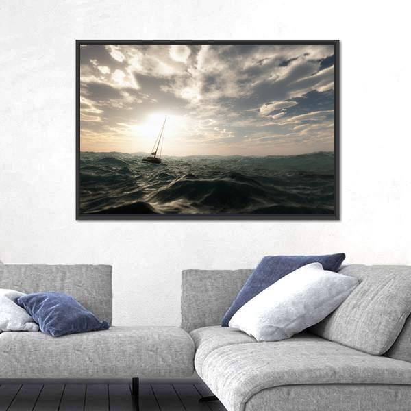 Sailing Boat In Storm Panoramic Canvas Wall Art-1 Piece-36" x 12"-Tiaracle