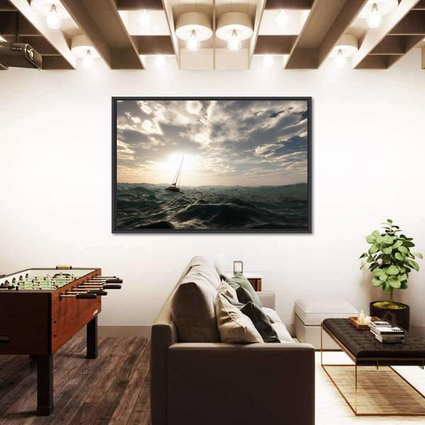 Sailing Boat In Storm Panoramic Canvas Wall Art-1 Piece-36" x 12"-Tiaracle