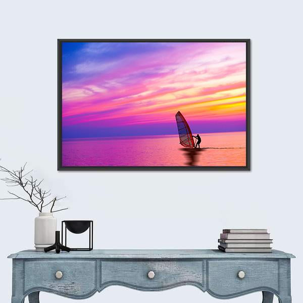Sailing Boat On The Sunset Canvas Wall Art-1 Piece-Floating Frame-24&quot; x 16&quot;-Tiaracle