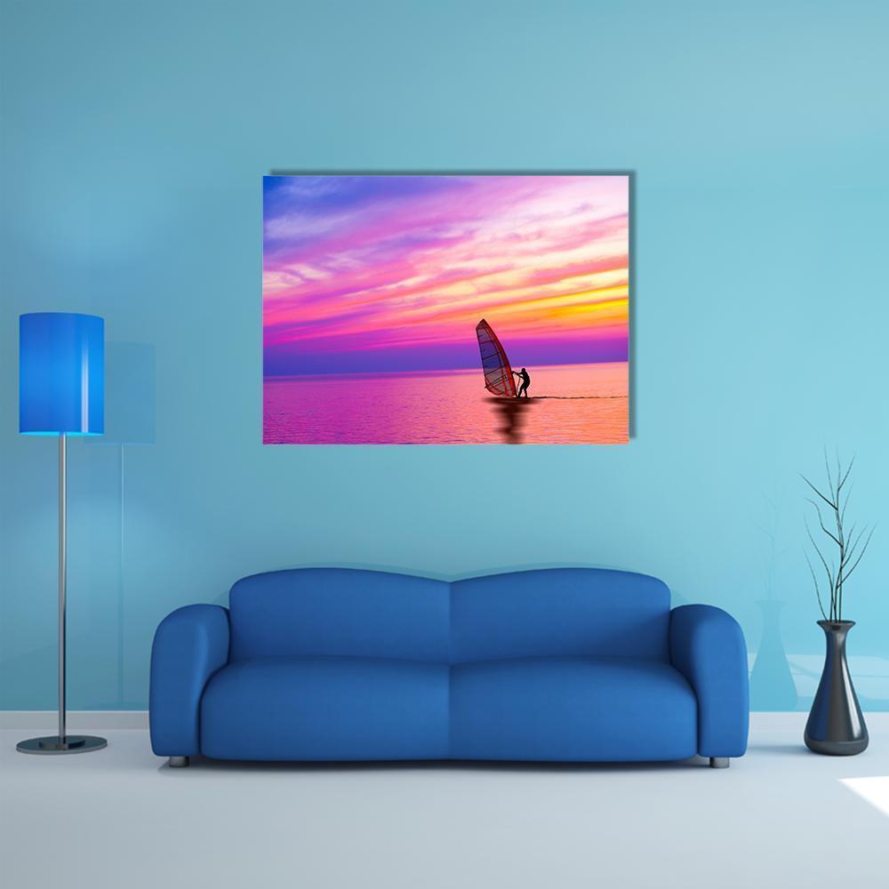 Sailing Boat On The Sunset Canvas Wall Art-1 Piece-Gallery Wrap-48" x 32"-Tiaracle