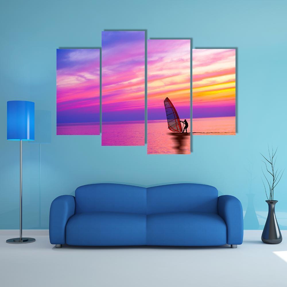 Sailing Boat On The Sunset Canvas Wall Art-4 Pop-Gallery Wrap-50&quot; x 32&quot;-Tiaracle