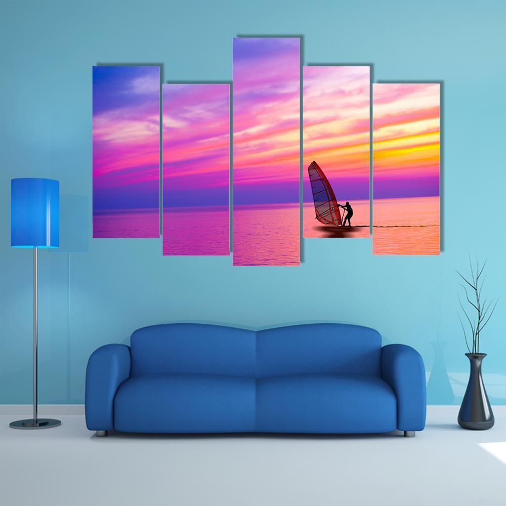 Sailing Boat On The Sunset Canvas Wall Art-1 Piece-Gallery Wrap-48" x 32"-Tiaracle