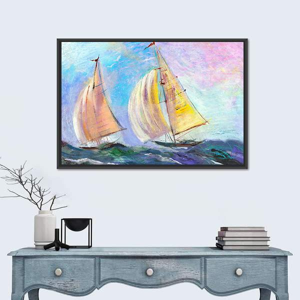 Two Sailboats on Blue Sea Canvas Wall Art in white, yellow and blue, framed canvas, product view on a white background