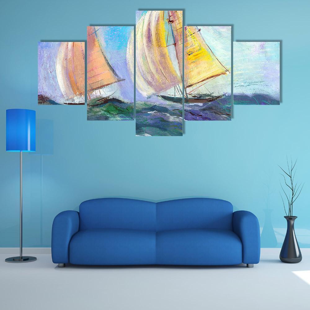 Sailing boats In The Sea Canvas Wall Art-3 Horizontal-Gallery Wrap-37" x 24"-Tiaracle