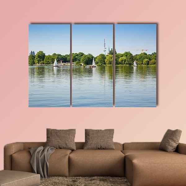 Sailing Boats With People On Alster Lake Canvas Wall Art-5 Star-Gallery Wrap-62" x 32"-Tiaracle