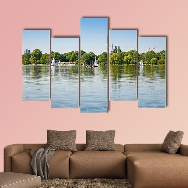 Sailing Boats With People On Alster Lake Canvas Wall Art-5 Pop-Gallery Wrap-47" x 32"-Tiaracle