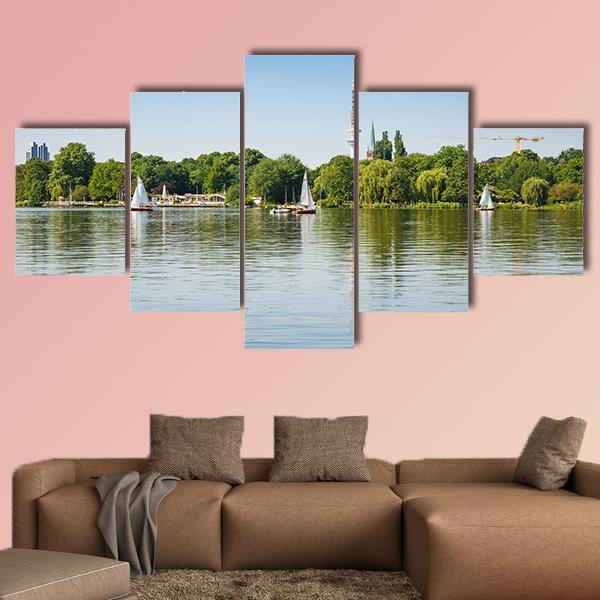 Sailing Boats With People On Alster Lake Canvas Wall Art-5 Star-Gallery Wrap-62" x 32"-Tiaracle