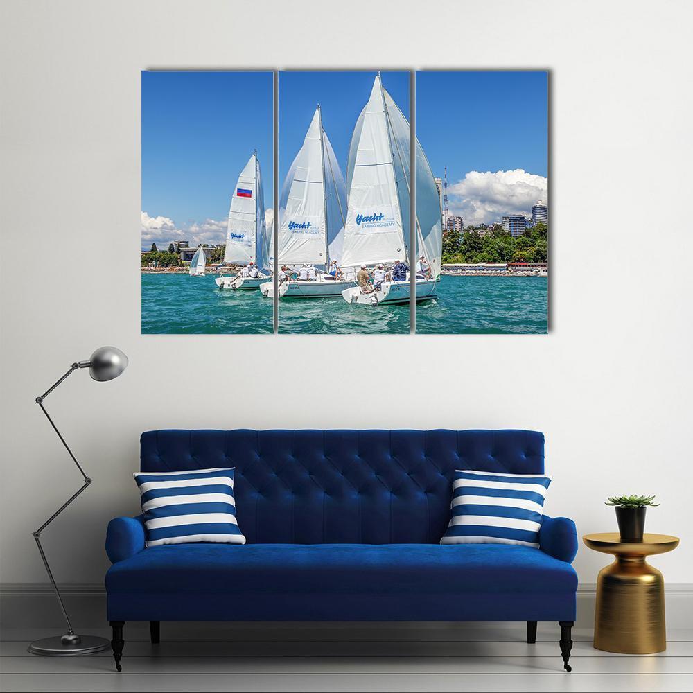 Sailing Regatta On Sochi City Canvas Wall Art-3 Horizontal-Gallery Wrap-37" x 24"-Tiaracle