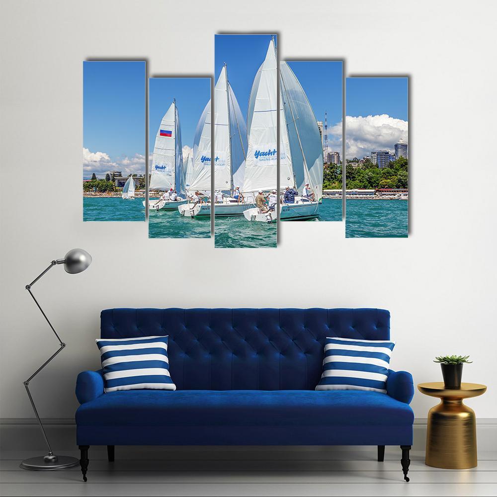 Sailing Regatta On Sochi City Canvas Wall Art-5 Pop-Gallery Wrap-47" x 32"-Tiaracle