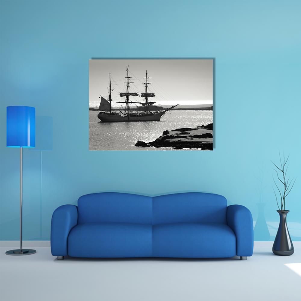 Three-masted Sailing Ship at Dawn Canvas Wall Art in black, white and gray, single panel hung on a wall
