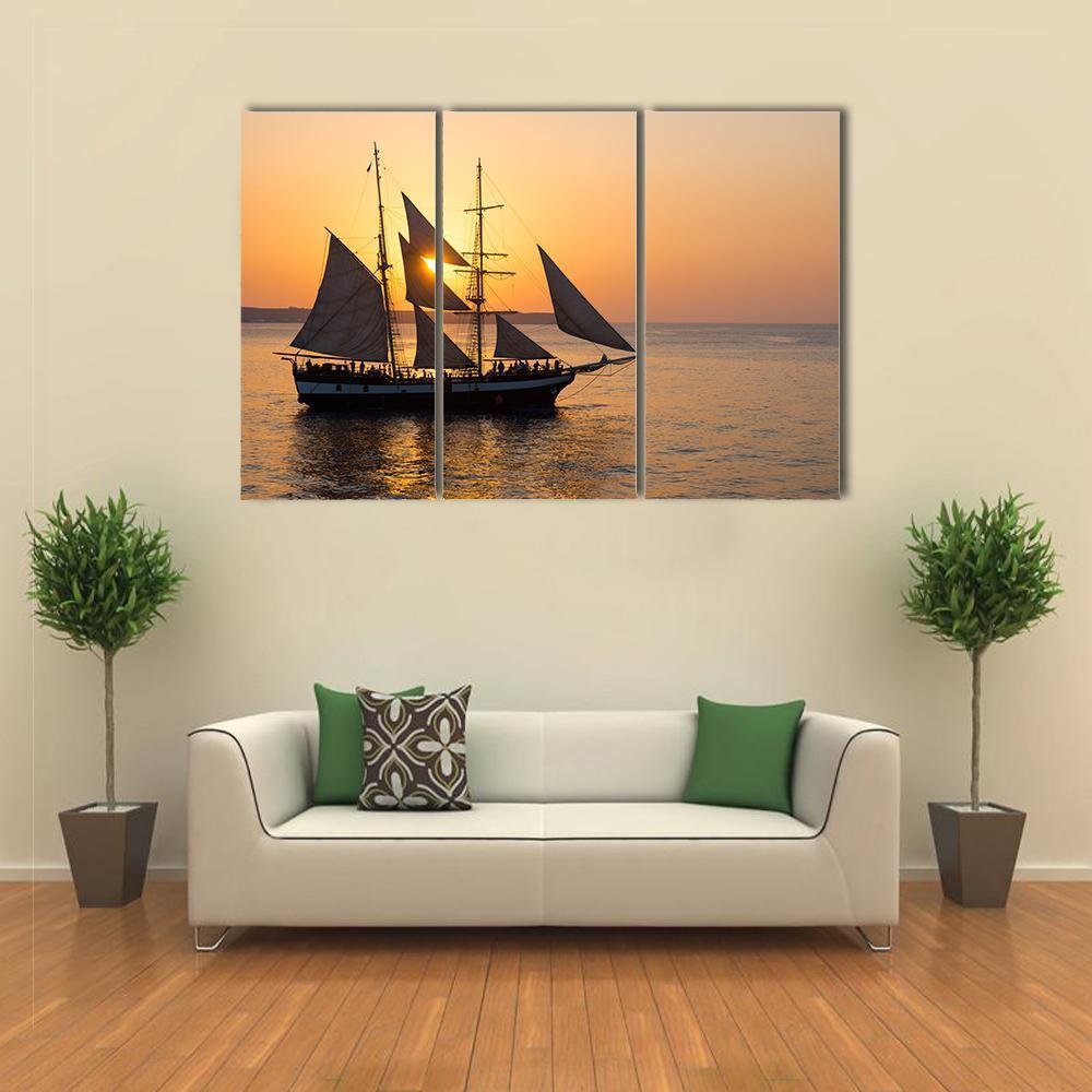 Sailing Ship At Sunset Canvas Wall Art-3 Horizontal-Gallery Wrap-37" x 24"-Tiaracle