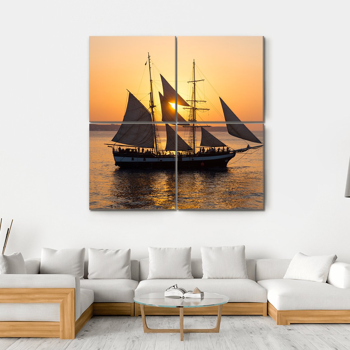 Sailing Ship At Sunset Canvas Wall Art-4 Horizontal-Gallery Wrap-34" x 24"-Tiaracle