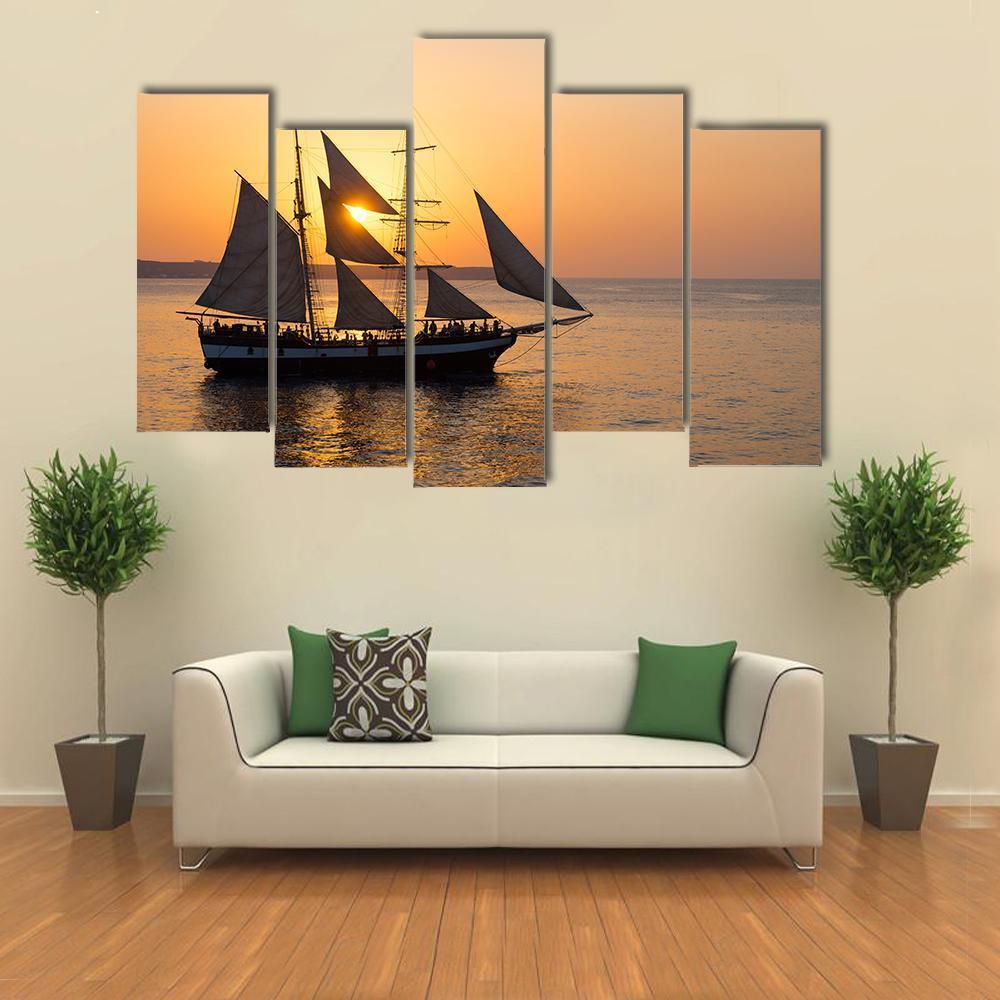 Sailing Ship At Sunset Canvas Wall Art-5 Pop-Gallery Wrap-47" x 32"-Tiaracle