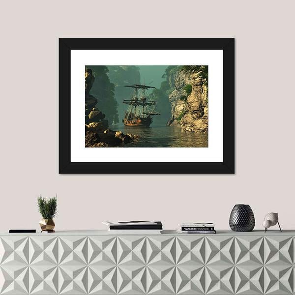 Sailing Ship In Rocks Canvas Wall Art-1 Piece-Framed Print-20" x 16"-Tiaracle