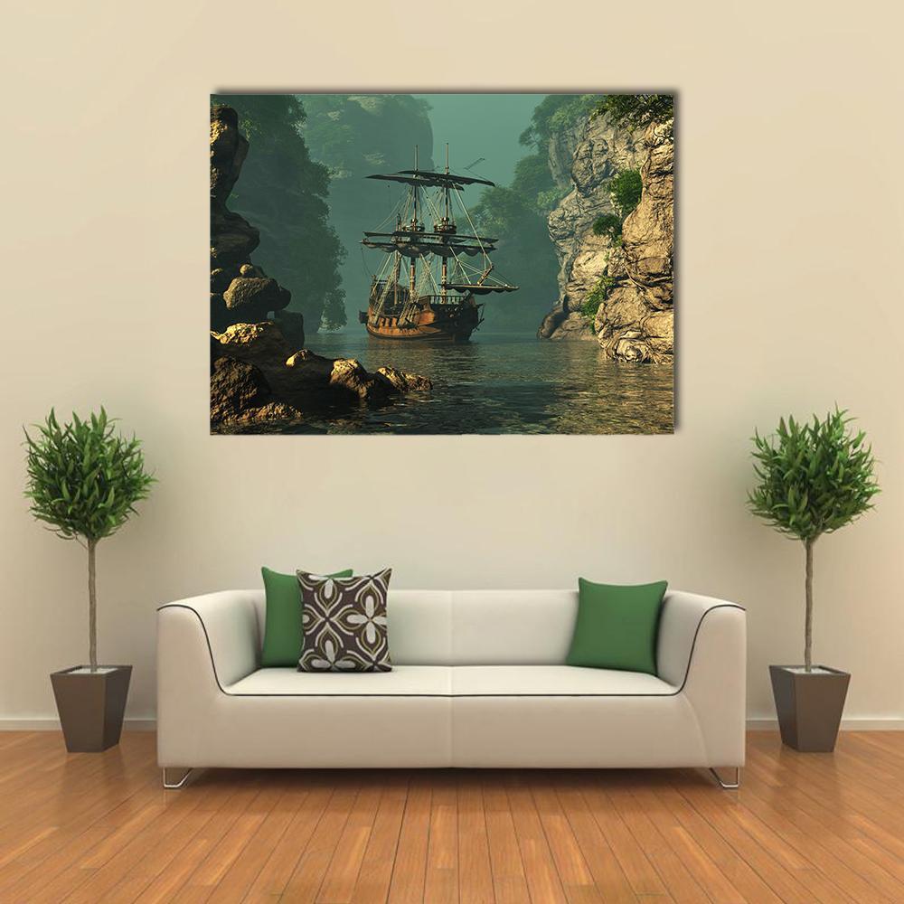 Sailing Ship Among Rocky Cliffs Canvas Wall Art in gray, brown and green, single panel hung on a wall