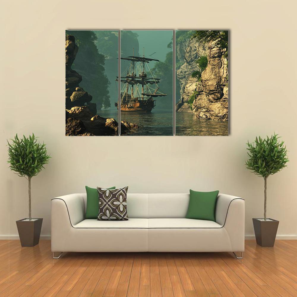 Sailing Ship In Rocks Canvas Wall Art-5 Star-Gallery Wrap-62" x 32"-Tiaracle