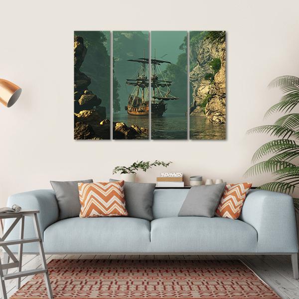 Sailing Ship In Rocks Canvas Wall Art-4 Horizontal-Gallery Wrap-34" x 24"-Tiaracle