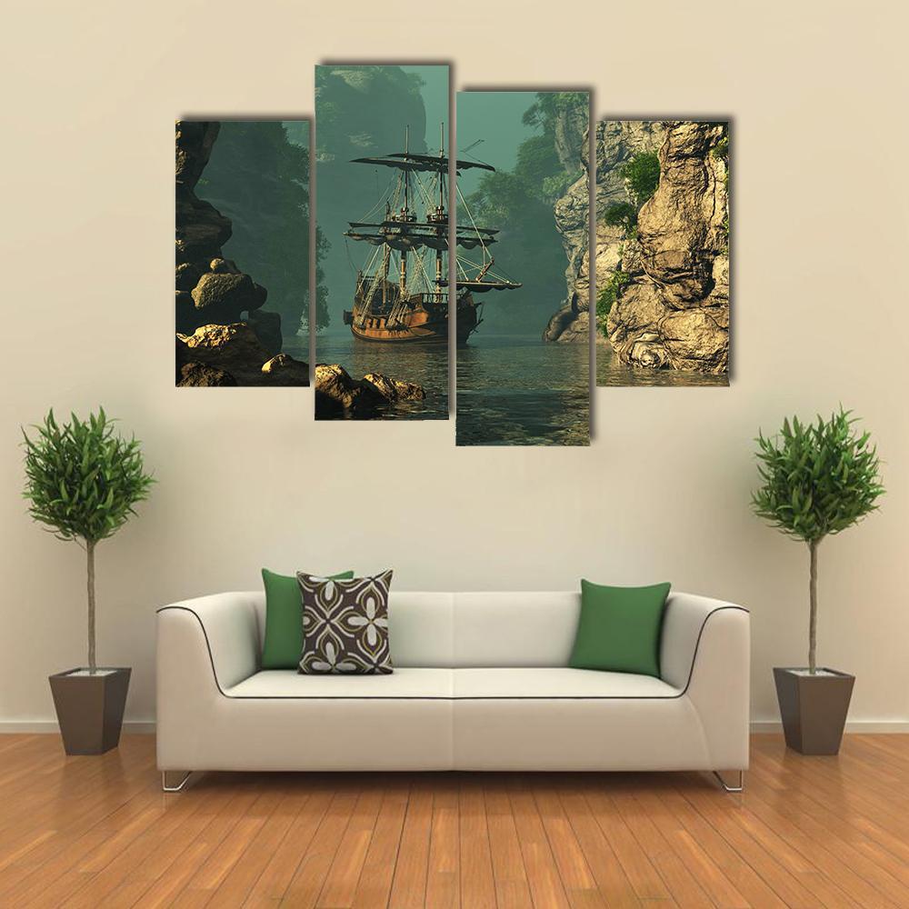 Sailing Ship In Rocks Canvas Wall Art-4 Pop-Gallery Wrap-50" x 32"-Tiaracle