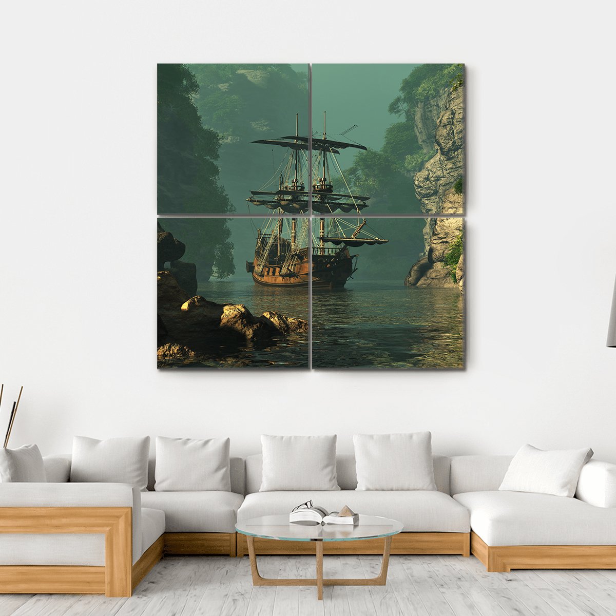 Sailing Ship In Rocks Canvas Wall Art-4 Square-Gallery Wrap-17" x 17"-Tiaracle