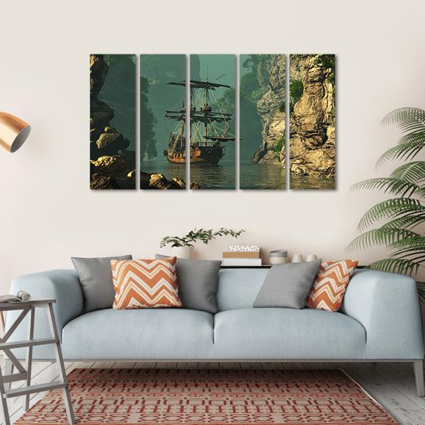 Sailing Ship In Rocks Canvas Wall Art-5 Horizontal-Gallery Wrap-22" x 12"-Tiaracle