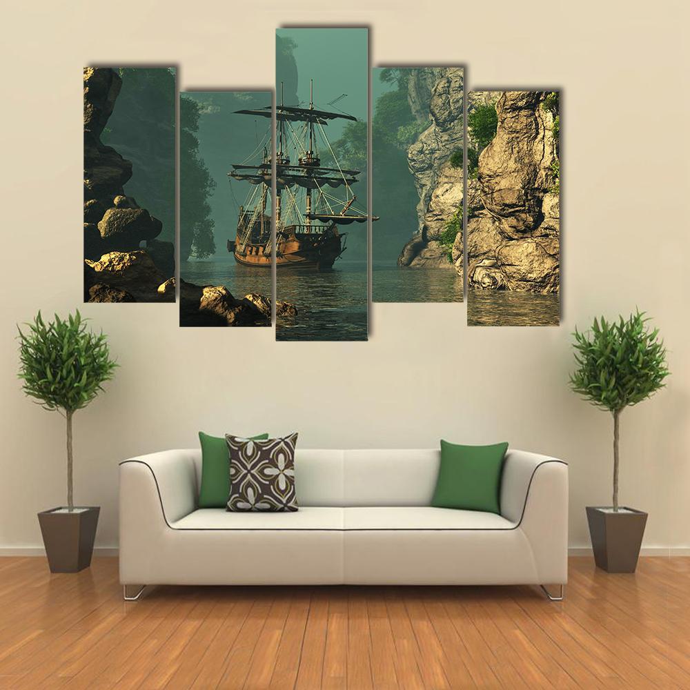 Sailing Ship In Rocks Canvas Wall Art-5 Pop-Gallery Wrap-47" x 32"-Tiaracle