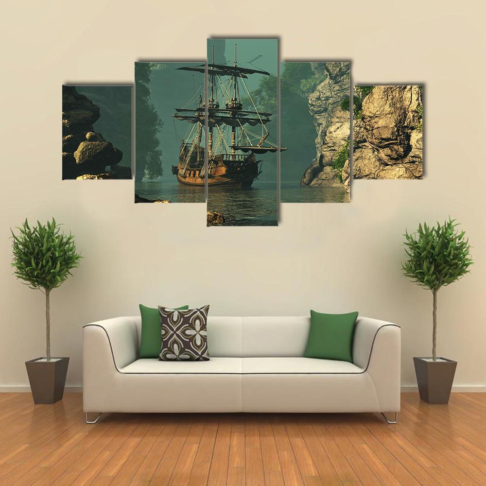 Sailing Ship In Rocks Canvas Wall Art-5 Star-Gallery Wrap-62" x 32"-Tiaracle
