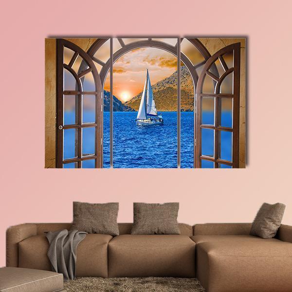 Sailing Ship In The Lake From Window View Canvas Wall Art-3 Horizontal-Gallery Wrap-37" x 24"-Tiaracle