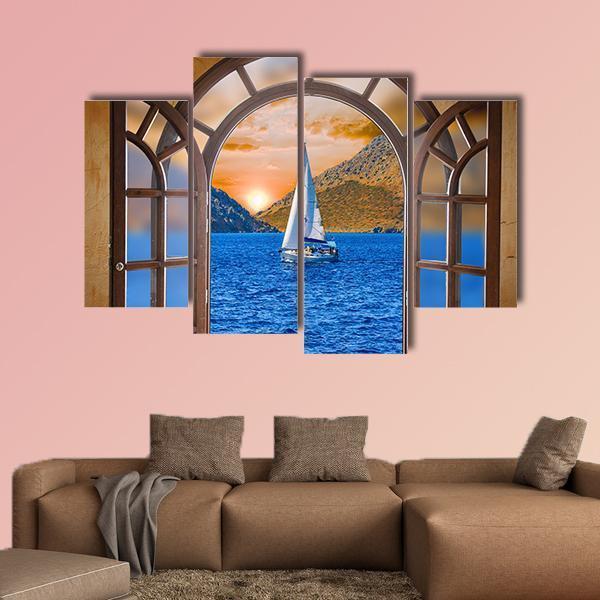 Sailing Ship In The Lake From Window View Canvas Wall Art-4 Pop-Gallery Wrap-50" x 32"-Tiaracle