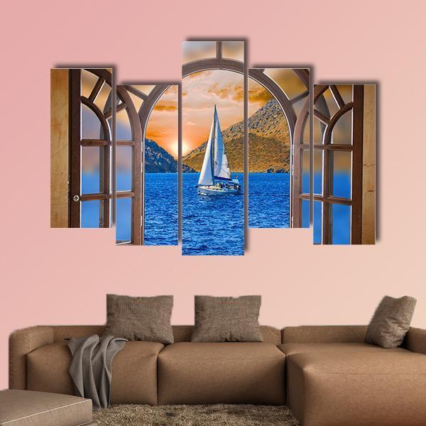 Sailing Ship In The Lake From Window View Canvas Wall Art-5 Pop-Gallery Wrap-47" x 32"-Tiaracle