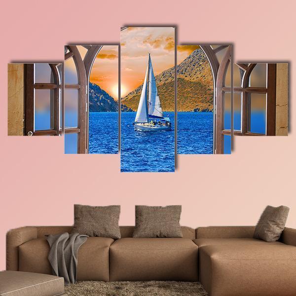 Sailing Ship In The Lake From Window View Canvas Wall Art-5 Star-Gallery Wrap-62" x 32"-Tiaracle