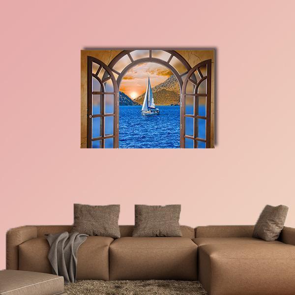 Sailboat Through Arched Window at Sunset Canvas Wall Art in brown, orange and blue, single panel hung on a wall