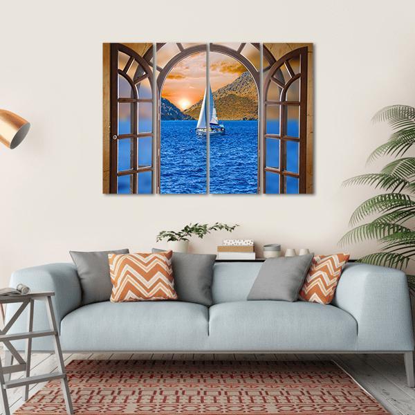 Sailing Ship In The Lake From Window View Canvas Wall Art-4 Horizontal-Gallery Wrap-34" x 24"-Tiaracle
