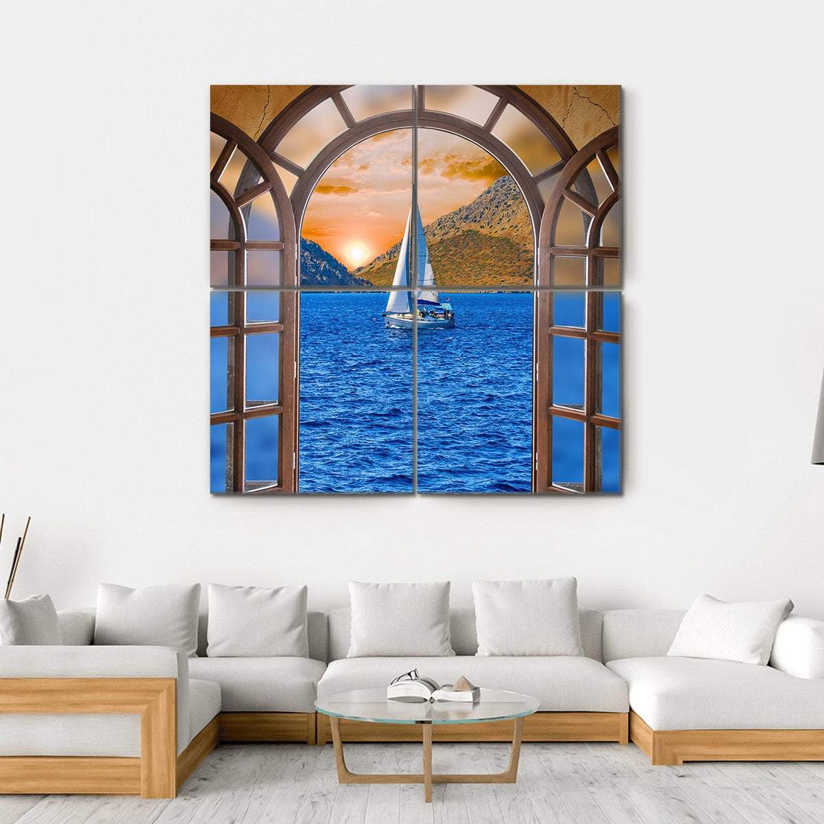 Sailing Ship In The Lake From Window View Canvas Wall Art-4 Square-Gallery Wrap-17" x 17"-Tiaracle