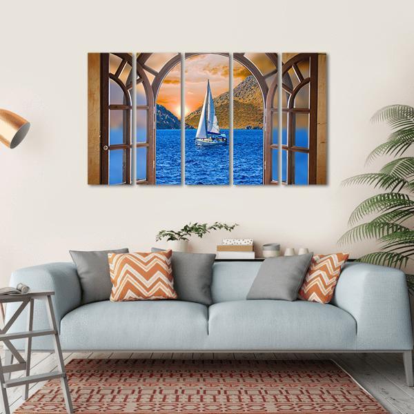 Sailing Ship In The Lake From Window View Canvas Wall Art-5 Horizontal-Gallery Wrap-22" x 12"-Tiaracle