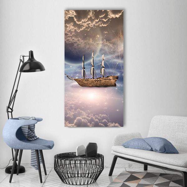Three-masted Sailing Ship with Full Sails Vertical Canvas Wall Art in beige, brown and blue, single vertical panel hung on a wall