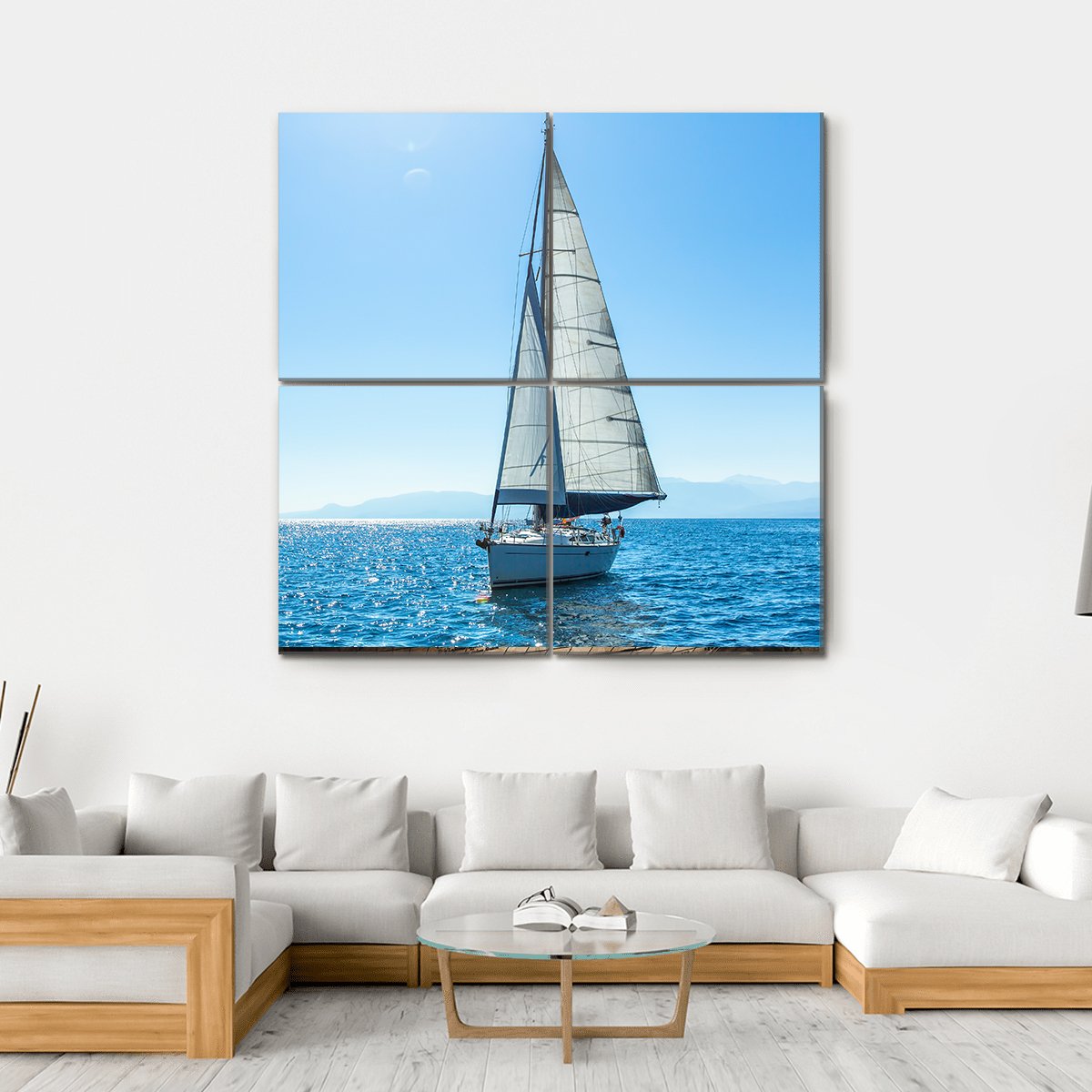 Sailing Ship Yachts With White Sails In The Open Sea Canvas Wall Art-4 Square-Gallery Wrap-17" x 17"-Tiaracle