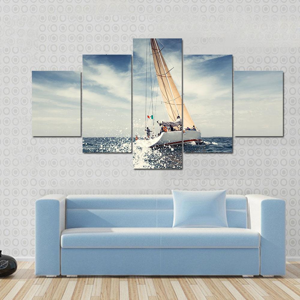 Sailing Ship Yachts With White Sails Canvas Wall Art-5 Star-Gallery Wrap-42" x 21"-Tiaracle