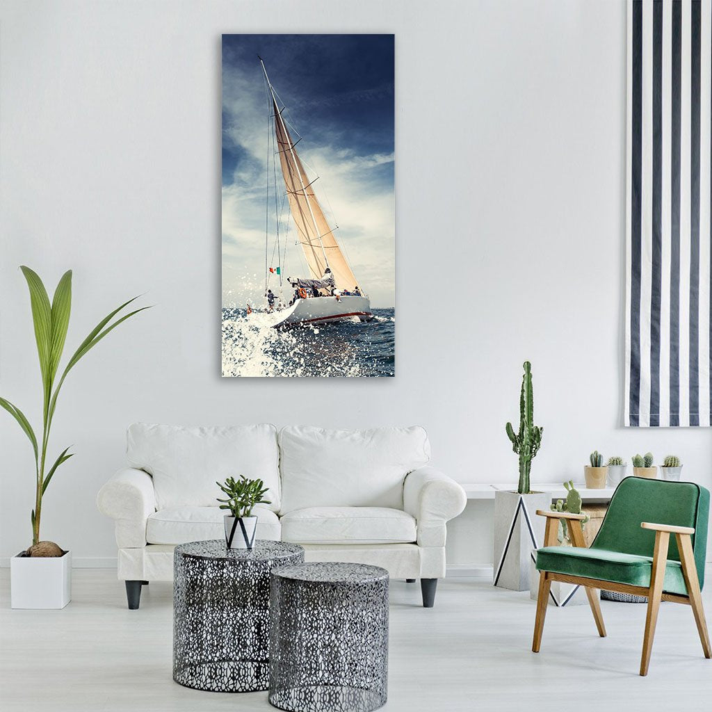 Sailing Yachts with White Sails Vertical Canvas Wall Art in white, beige and blue, single vertical panel hung on a wall