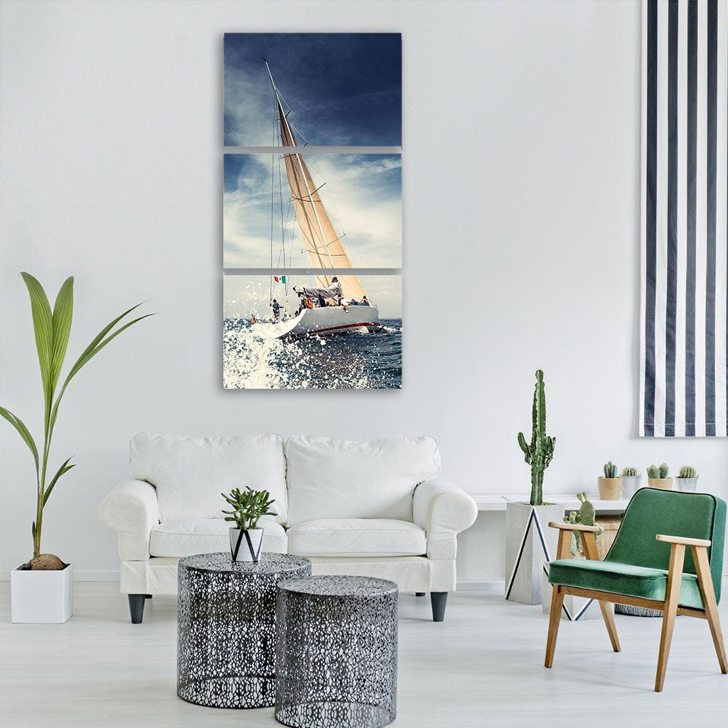 Sailing Ship Yachts With White Sails Vertical Canvas Wall Art-3 Vertical-Gallery Wrap-12" x 25"-Tiaracle