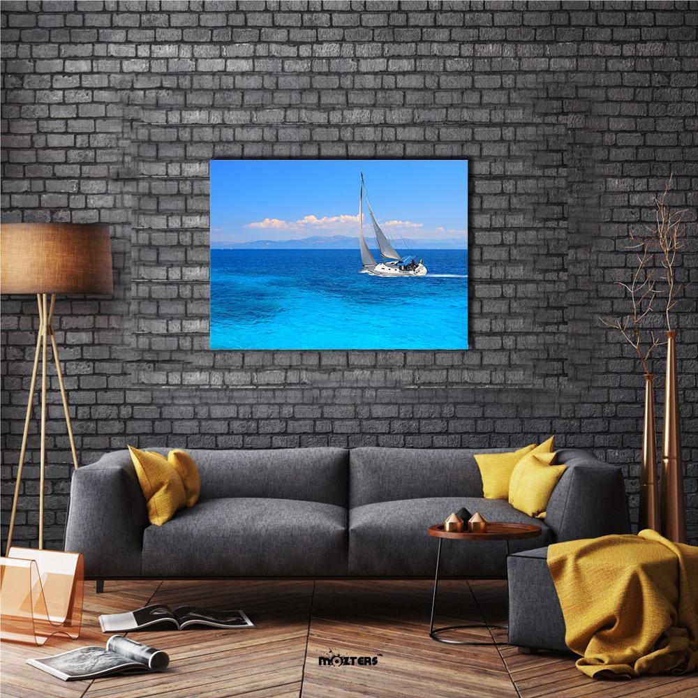 Sailing Yacht on Turquoise Sea Canvas Wall Art in white and blue, single panel hung on a wall