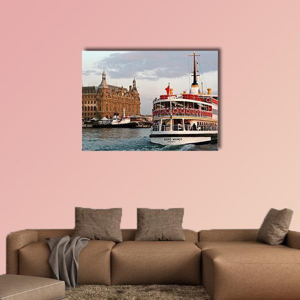 Sailing Into Haydarpasa, Istanbul Canvas Wall Art in white, beige and blue, single panel hung on a wall