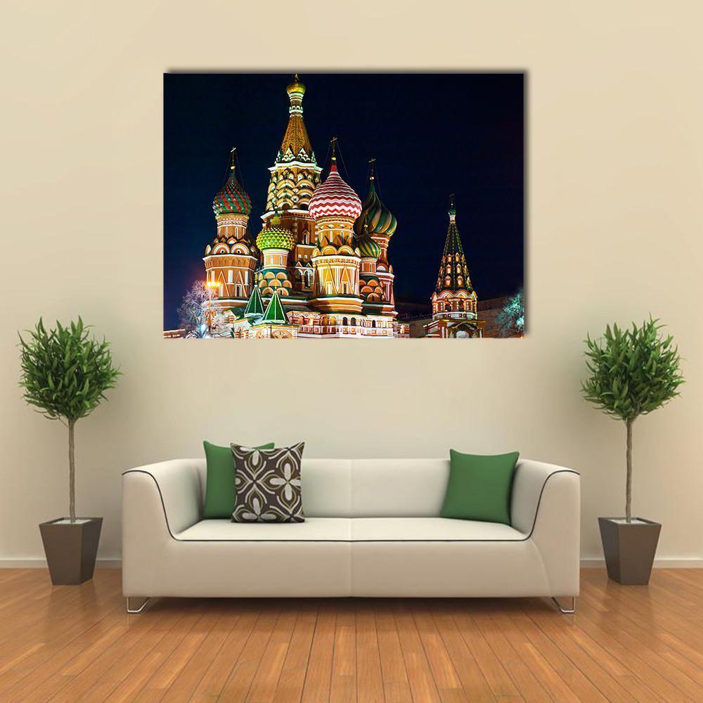 Saint Basil's Cathedral, Moscow Canvas Wall Art in black, gold and multicolor, single panel hung on a wall